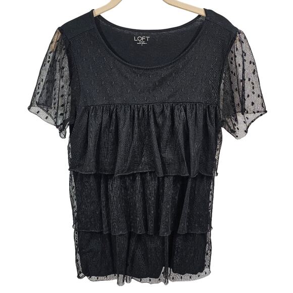 LOFT Outlet Black Cotton and Lace Tiered Mesh Top Women's Small - Picture 1 of 9